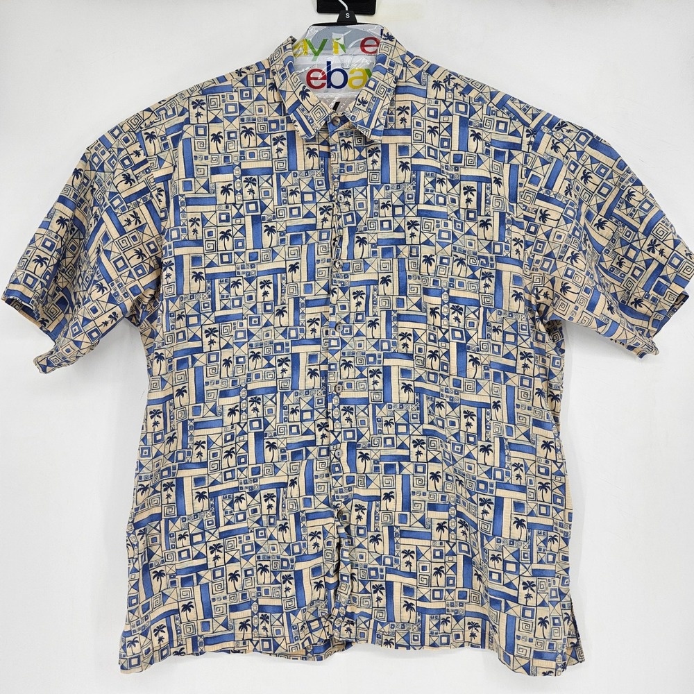 Tori Richard Shirt Mens 2XL Palm Tree Blue Tan Button Short Sleeve Casual Summer